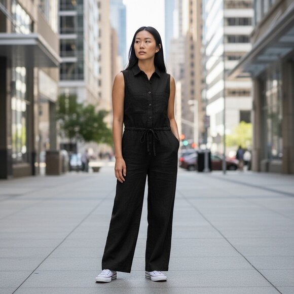 Universal Thread Pants - Universal Thread Womens Sleeveless Black Button-Front Jumpsuit Drawstring Waist